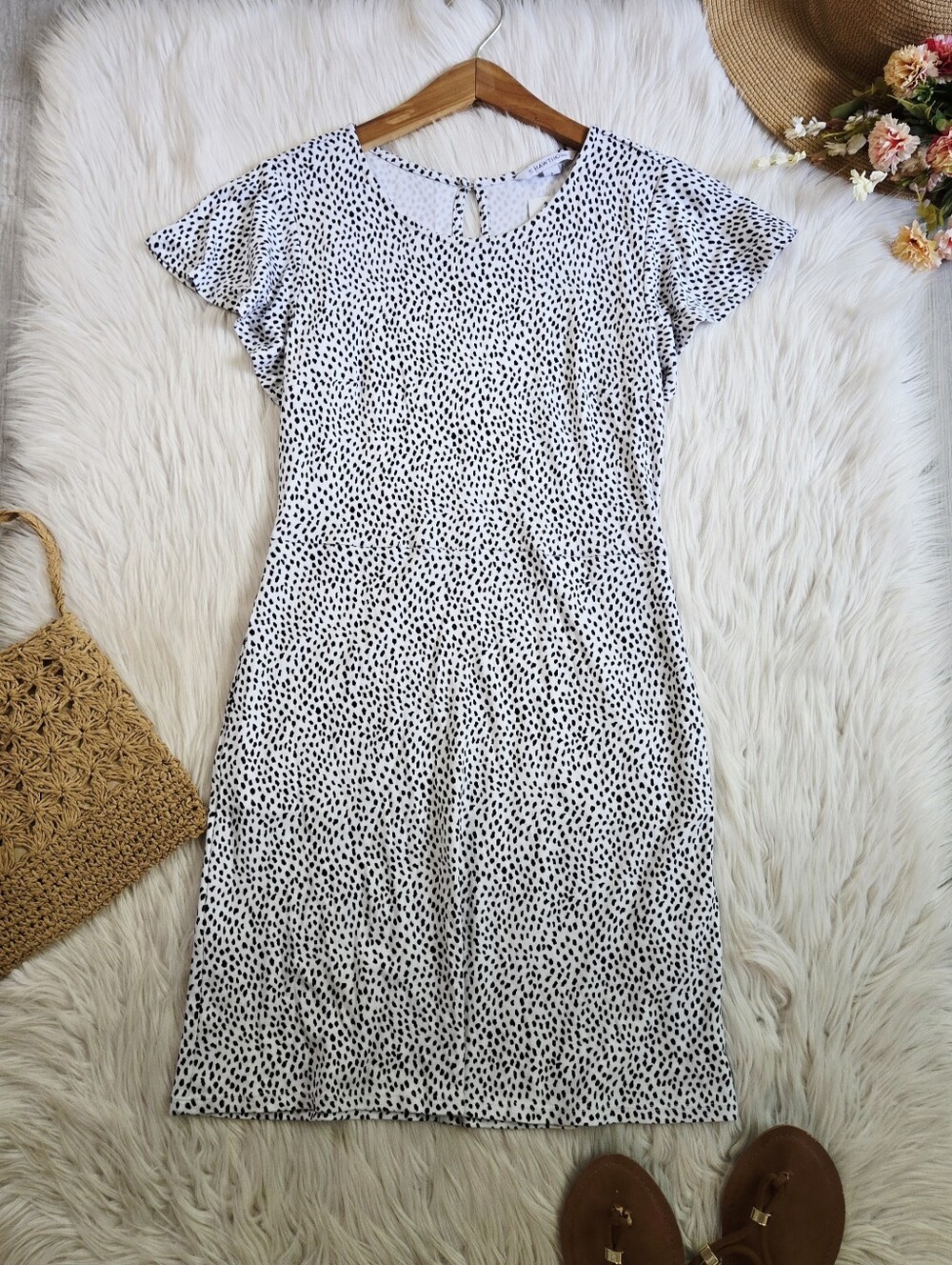 White and Black Spotted Short Sleeve Dress
